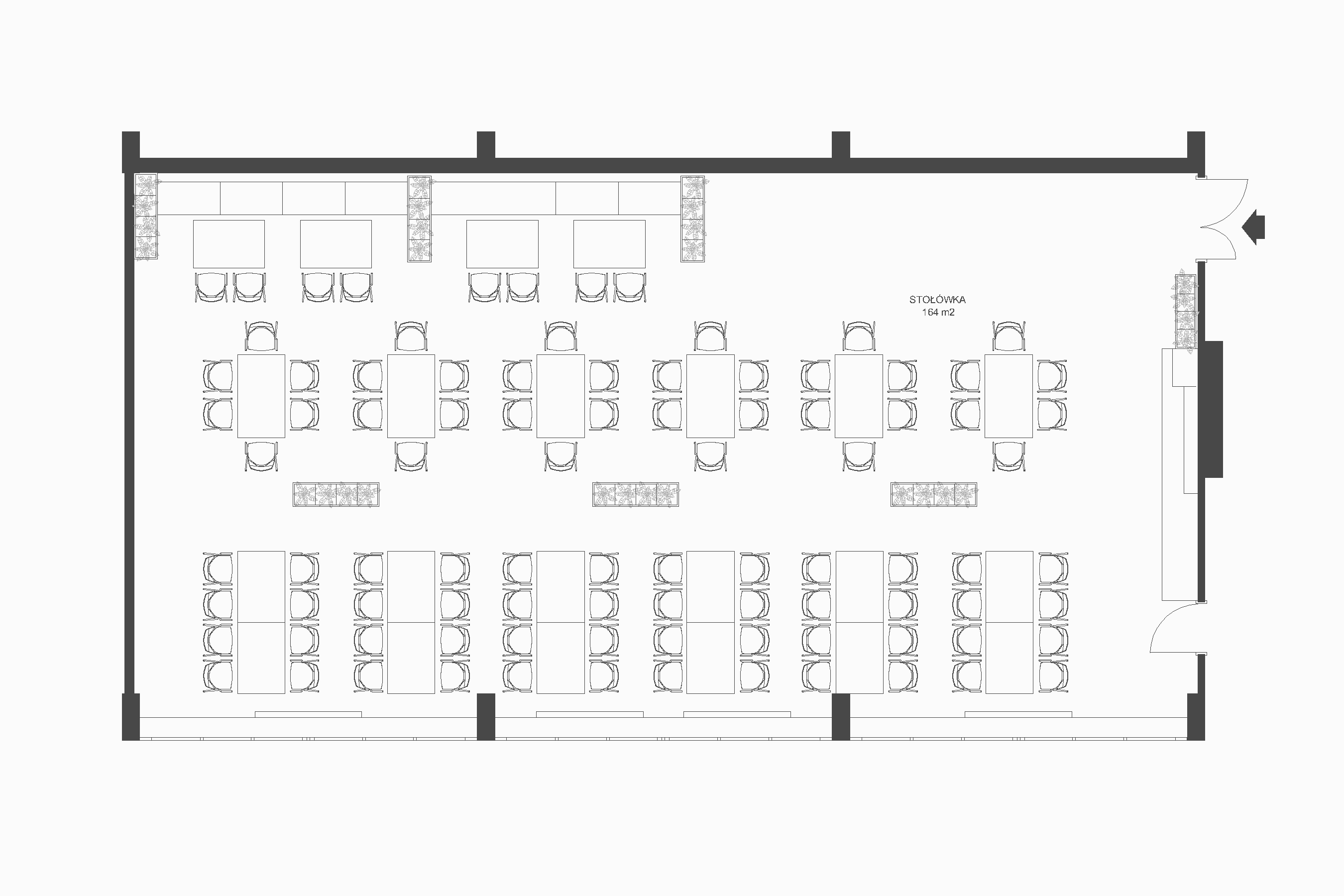 W sporej przestrzeni kantyny, wydzieliłyśmy trzy strefy: z aneksem kuchennym, kącik z sofami i otwarta strefa ze stołami.